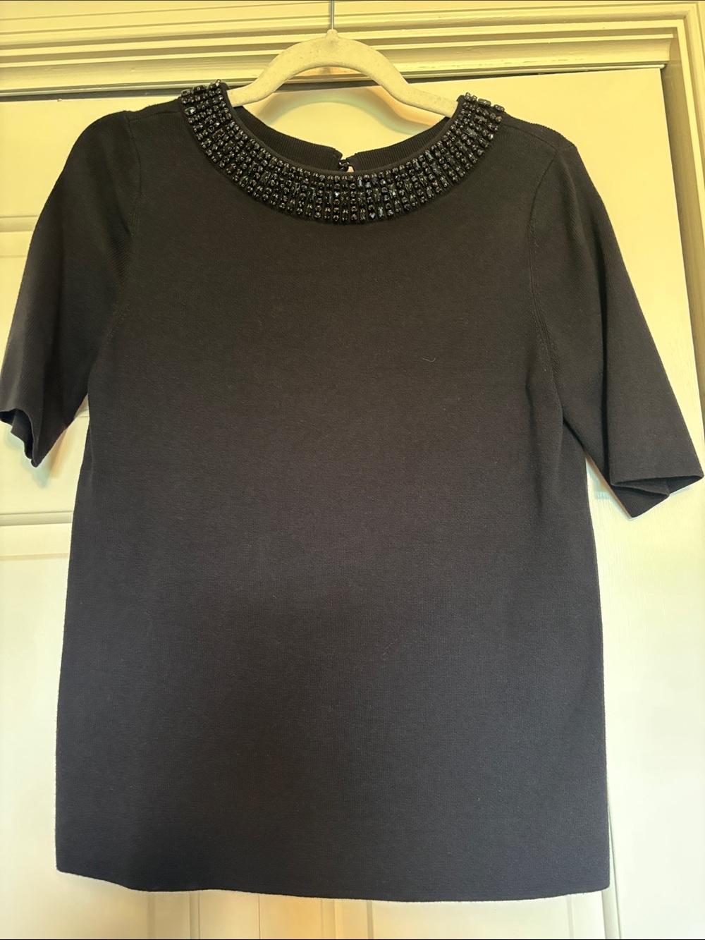Talbots Black Short-Sleeve Top with Jeweled Collar